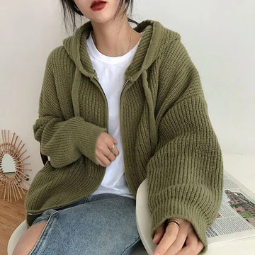 Getadme-Vintage Green Hooded Knitted Cardigan Women Y2K Harajuku Oversized Sweater Female Black Zipper Tops Korean Streetwear